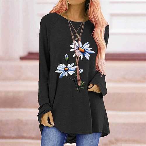 

Women's T Shirt Dress Tee Dress Shift Dress Short Mini Dress Green White Black Blue Long Sleeve Floral Print Fall Winter Crew Neck Basic Casual Modern Loose 2022 S M L XL XXL 3XL / Cotton