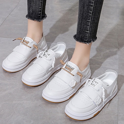 

Women's Sneakers Outdoor Daily White Shoes Buckle Lace-up Flat Heel Round Toe Casual Minimalism Walking Shoes PU Leather Elastic Band Solid Colored White / Brown White