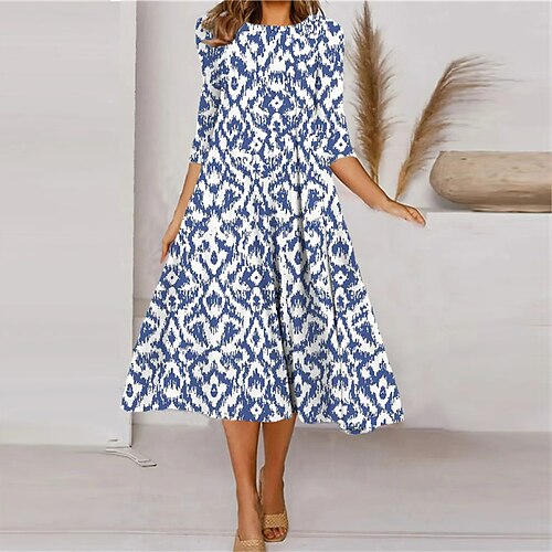 

Women's Casual Dress Shift Dress Midi Dress White Blue Light Blue 3/4 Length Sleeve Floral Ruched Print Fall Winter Round Neck Casual Vacation 2022 S M L XL XXL 3XL