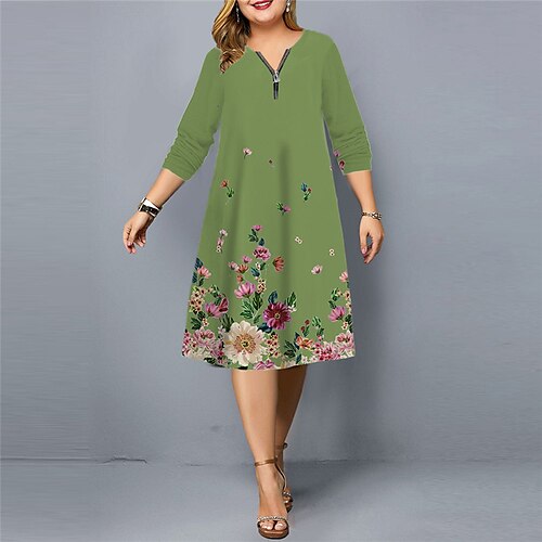 

Women's Plus Size Work Dress Floral V Neck Print 3/4 Length Sleeve Fall Winter Stylish Work Elegant Knee Length Dress Vacation Going out Dress / 3D Print