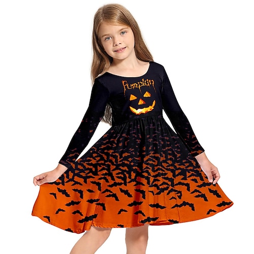 

Kids Little Girls' Dress Graphic Patterned A Line Dress Daily Holiday Vacation Print Orange Above Knee Long Sleeve Casual Cute Sweet Dresses Halloween Fall Winter Regular Fit 3-10 Years
