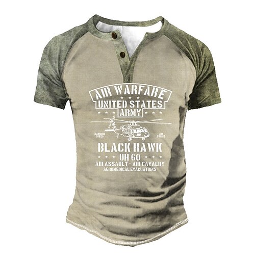 

Men's T shirt Tee Henley Shirt Tee Graphic Color Block Letter Henley Khaki Short Sleeve 3D Print Helicopter Plus Size Outdoor Daily Patchwork Button-Down Tops Basic Designer Casual Classic / Summer