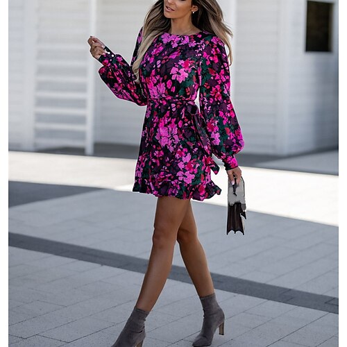 

Women's A Line Dress Short Mini Dress Black Fuchsia Khaki Long Sleeve Floral Print Print Fall Winter Crew Neck Elegant Fashion 2022 S M L XL XXL