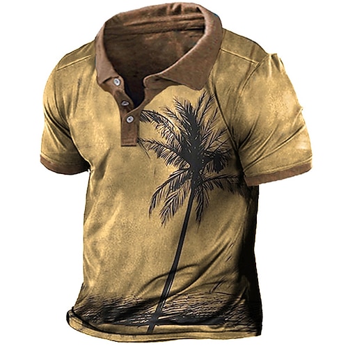 

Men's Collar Polo Shirt Golf Shirt Coconut Tree Turndown Blue Yellow 3D Print Outdoor Street Short Sleeves Button-Down Print Clothing Apparel Fashion Designer Casual Breathable / Summer / Spring