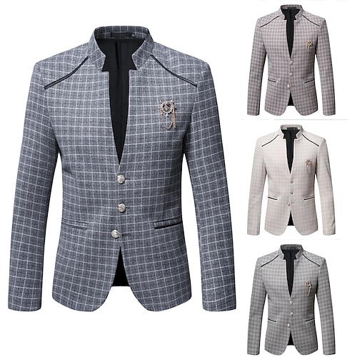 

Men's Blazer Cocktail Attire Breathable Quick Dry Formal Evening Party Single Breasted Stand Collar Formal Casual Jacket Stripes and Plaid Quick Dry Gray Light Green Khaki / Winter / Fall