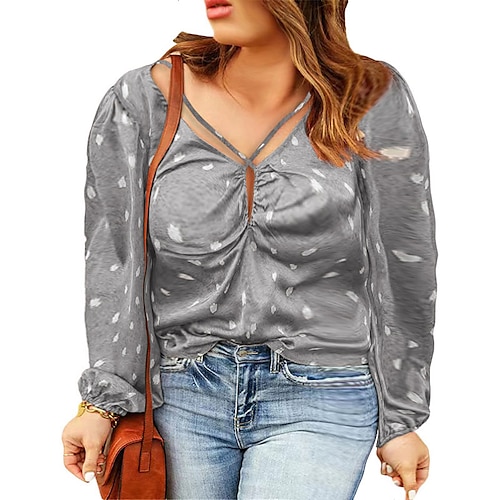 

Women's Plus Size Tops Blouse Shirt Polka Dot Graphic Print Long Sleeve V Neck Basic Streetwear Daily Vacation Cotton Fall Spring Black Blue