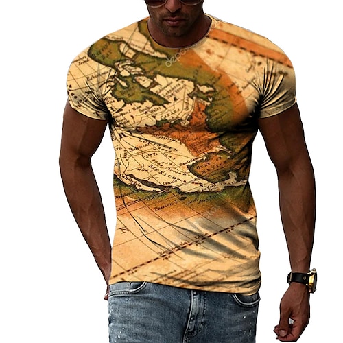 

Men's Unisex T shirt Tee Map Graphic Prints Crew Neck Khaki Short Sleeve 3D Print Outdoor Street Print Tops Vintage Sports Casual Big and Tall / Summer / Summer