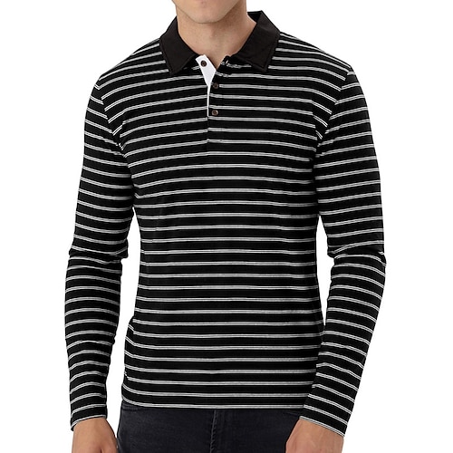 

Men's Collar Polo Shirt Golf Shirt Striped Turndown White gray Light gray Navy Blue Black Street Daily Long Sleeve Button-Down Clothing Apparel Fashion Casual Comfortable