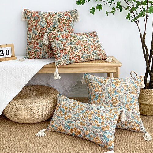 

1 pc Pastoral Pillow Cover Farmhouse Tassel Square Zipper Traditional Classic for Bedroom Livingroom Sofa Couch