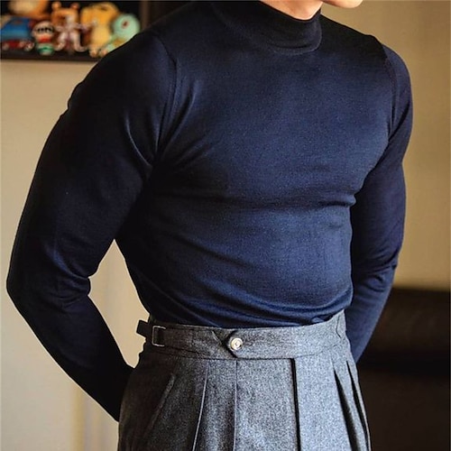 

Men's T shirt Tee Turtleneck shirt Holiday Rolled collar Crew Neck Navy Blue Street Holiday Long Sleeve Clothing Apparel Fashion Casual Comfortable Essential