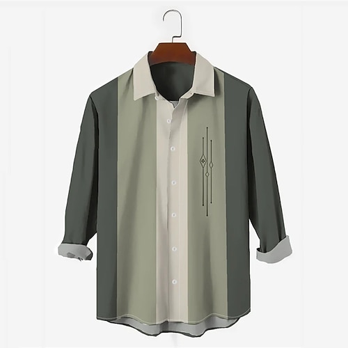

Men's Bowling Shirt Camp Shirt Color Block Turndown Green Print Daily Holiday Long Sleeve Button-Down Clothing Apparel Vintage Color Block Hawaiian Comfortable / Spring