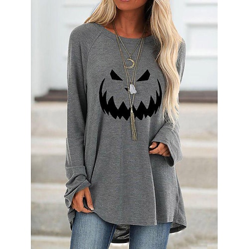 

Women's T shirt Tee Orange Navy Blue Gray Pumpkin Ghost Print Long Sleeve Halloween Weekend Basic Round Neck Long Painting S