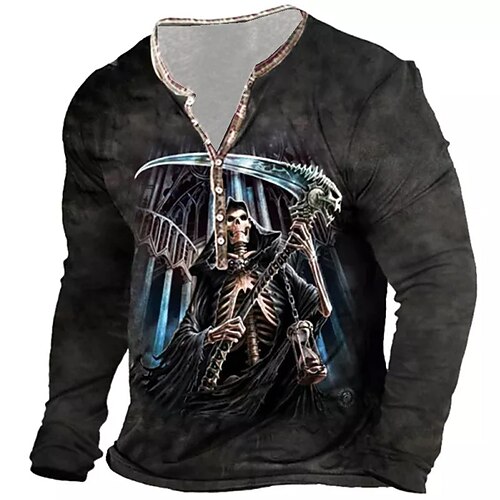 

Men's T shirt Tee Henley Shirt Tee Graphic Skull Skeleton Henley Black Long Sleeve 3D Print Plus Size Outdoor Daily Button-Down Print Tops Basic Designer Classic Comfortable / Sports