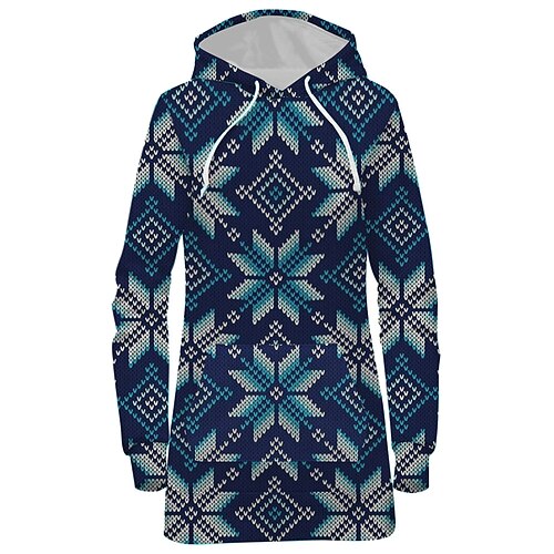 

Women's Pullover Hoodie Dress Geometric Front Pocket Print Daily Weekend 3D Print Streetwear Ethnic Long Clothing Apparel Hoodies Sweatshirts Navy Blue