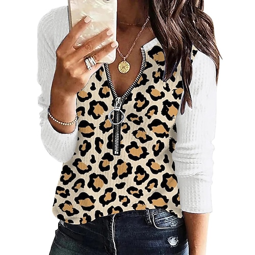 

Women's T shirt Tee Leopard Casual Weekend Painting T shirt Tee Long Sleeve Quarter Zip Print V Neck Basic Yellow S / 3D Print