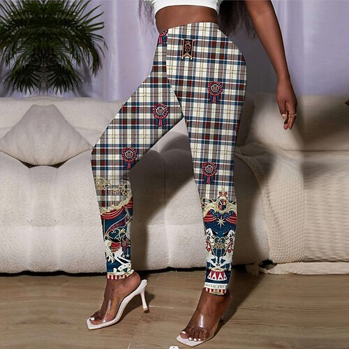 

Women's Tights Leggings Blue Mid Waist Designer Hip-Hop Athleisure Leisure Sports Yoga Print Stretchy Ankle-Length Tummy Control Plaid Checkered S M L XL XXL / Skinny