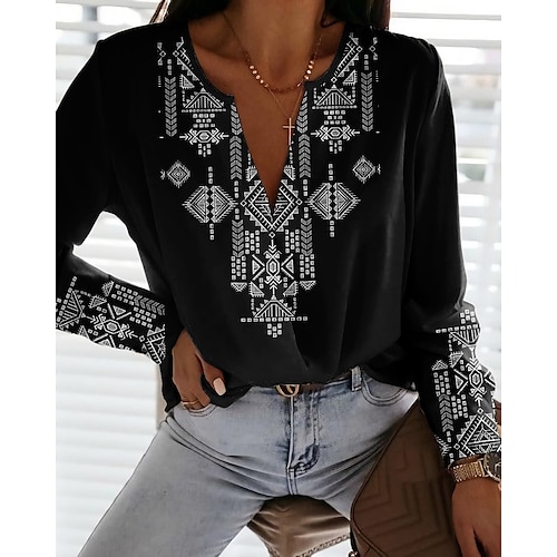 

Women's Blouse Geometric Daily Weekend Geometric Blouse Shirt Long Sleeve Print V Neck Ethnic Casual Streetwear Black S / 3D Print