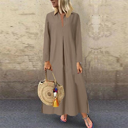 

Women's Shirt Dress Maxi long Dress Black Khaki Dark Blue Long Sleeve Pure Color Pocket Fall Winter Shirt Collar Casual Mature 2022 S M L XL XXL 3XL 4XL 5XL