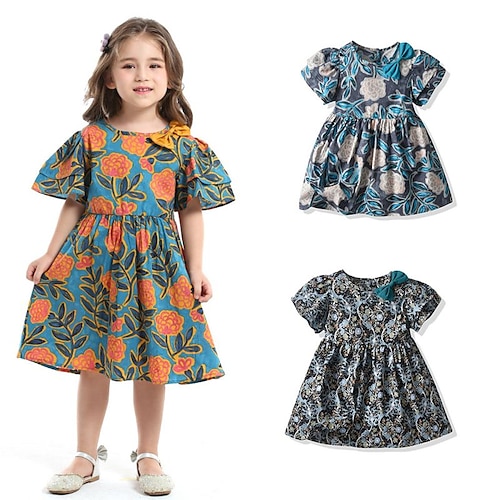 

Kids Little Girls' Dress Floral A Line Dress Daily Vacation Black Royal Blue Brown Asymmetrical Short Sleeve Princess Sweet Dresses Spring Summer Regular Fit 2-6 Years