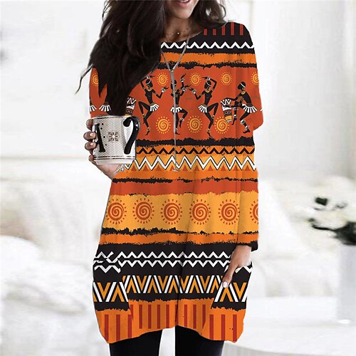 

Women's Shift Dress Casual Dress Short Mini Dress Yellow Long Sleeve Geometric Pocket Print Fall Winter Crew Neck Casual Vacation Vintage Loose 2022 S M L XL XXL 3XL
