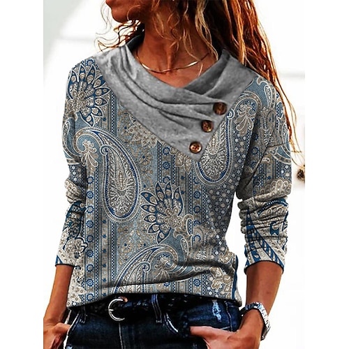 

Women's T shirt Tee Paisley Casual Weekend Painting T shirt Tee Long Sleeve Button Print V Neck Basic Blue S / 3D Print