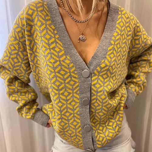

Women's Cardigan Sweater Jumper Ribbed Knit Button Check Pattern Argyle V Neck Stylish Casual Outdoor Daily Winter Fall Blue Yellow S M L / Long Sleeve / Holiday / Going out / Loose Fit
