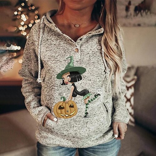 

Women's Plus Size Tops Hoodie Sweatshirt Skull Letter Button Pocket Long Sleeve Hooded Streetwear Daily Vacation Polyester Fall Winter Green Purple / Print