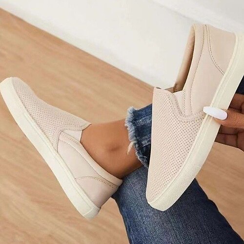 

Women's Slip-Ons Daily Flat Heel Round Toe Casual PU Leather Loafer Solid Colored Black Beige Gray