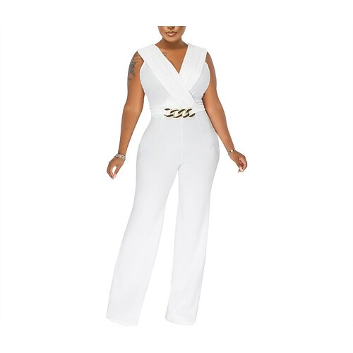 

Women's Jumpsuit Solid Color V Neck Skims Daily Work Slim Sleeveless White Yellow Red S M L Fall
