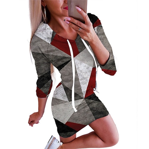 

damen hoodie kleid winterkleid figurbetontes kurzes minikleid grau langarm farbblock geometrischer druck herbst winter mit kapuze mode 2022 s m l xl xxl 3xl