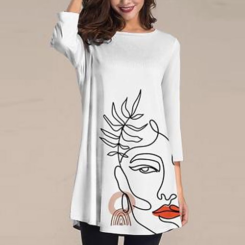 

Women's Shift Dress Short Mini Dress White Long Sleeve Line Print Spring Summer Round Neck Stylish Casual 2022 One-Size