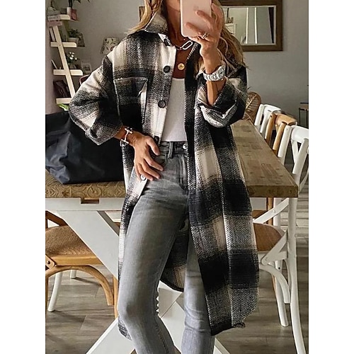 

Women's Coat Minimalism Shacket Patchwork Daily Wear Coat Polyester Long Gray Fall Winter Single Breasted Lapel Regular Fit S M L XL XXL 3XL