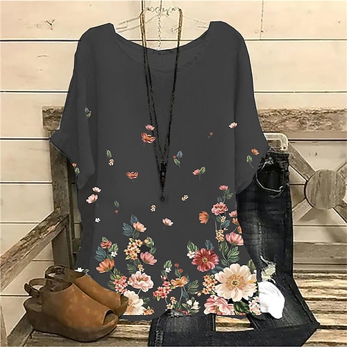 

Women's Plus Size Tops Blouse Shirt Floral Print Short Sleeve Crewneck Streetwear Daily Vacation Polyester Spring Summer Gray