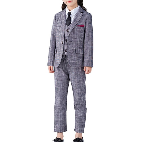 

4 Pieces Kids Girls' Suit & Blazer Shirt & Pants Clothing Set Outfit Solid Color Long Sleeve Cotton Set School Fashion Preppy Style Winter Fall 3-13 Years Light gray