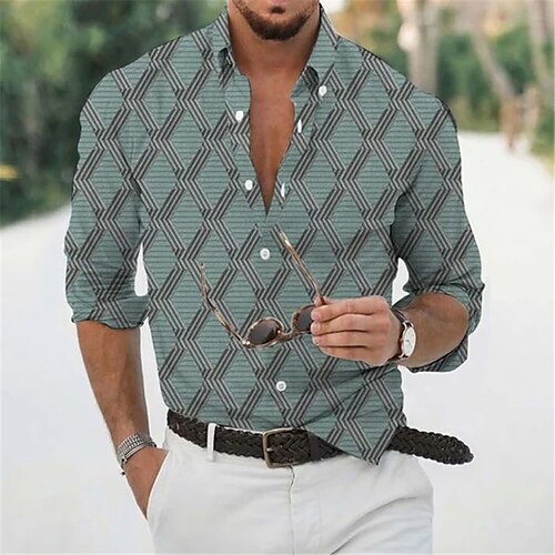 

Men's Shirt 3D Print Geometry Turndown Street Casual Button-Down Print Long Sleeve Tops Casual Fashion Breathable Blue