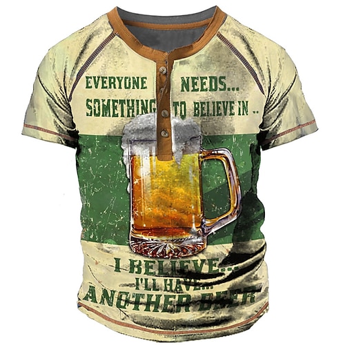 

Men's Henley Shirt Tee T shirt Tee 3D Print Graphic Beer Plus Size Henley Daily Sports Button-Down Print Short Sleeve Tops Designer Basic Casual Classic Yellow / Summer