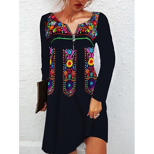 

Women's A Line Dress Casual Dress Knee Length Dress Black Long Sleeve Abstract Zipper Print Fall Winter Crew Neck Casual 2022 S M L XL 2XL 3XL 4XL 5XL 6XL / 3D Print