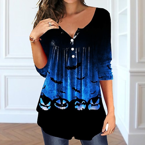 

Women's T shirt Tee Pumpkin Halloween Weekend Painting T shirt Tee Long Sleeve Flowing tunic Button Print U Neck Basic Green Blue Purple S / 3D Print