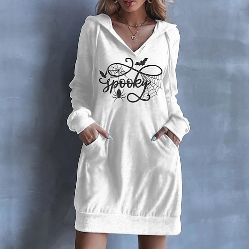 

Women's Hoodie Dress Spider Bat Pocket Print Weekend Hot Stamping Streetwear Long Hoodies Sweatshirts White Black