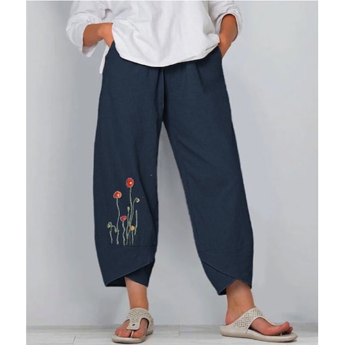 

Women's Chinos Pants Trousers Linen Linen / Cotton Blend Green Blue Khaki Mid Waist Fashion Designer Casual Weekend Side Pockets Print Micro-elastic Ankle-Length Comfort Butterfly S M L XL XXL