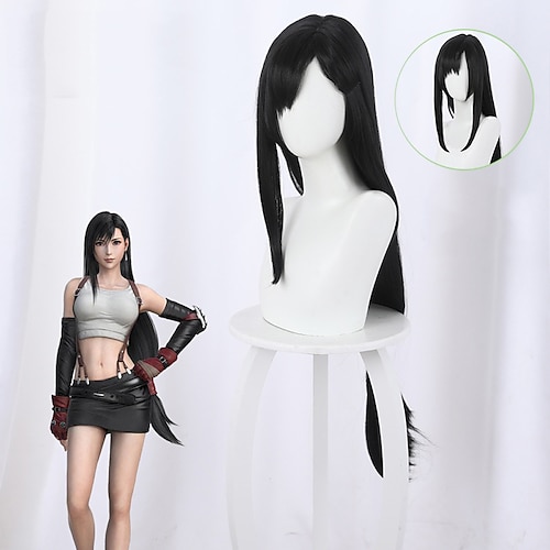 

Fantasy FF7 Wigs Tifa Lockhart Wig 100cm Black Straight Side Parting Styled Synthetic Hair Cosplay Wig