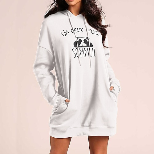 

Women's Hoodie Dress Streetwear Long Pocket Print White Black Text Panda Daily Crew Neck Long Sleeve S M L XL XXL