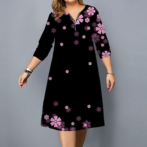 

Women's Plus Size A Line Dress Floral V Neck Long Sleeve Fall Winter Stylish Casual Knee Length Dress Causal Daily Dress / Casual Dress