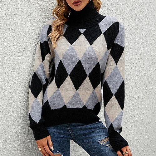 

Women's Pullover Sweater jumper Jumper Ribbed Knit Knitted Argyle Shirt Collar Stylish Casual Outdoor Daily Winter Fall Coffee Gray S M L / Long Sleeve / Regular Fit / Going out