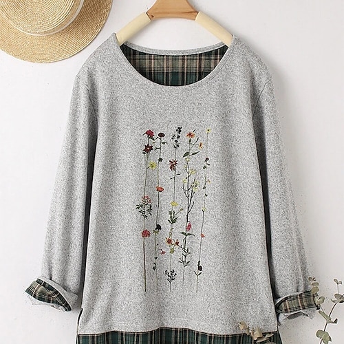 

Women's Plus Size Tops Pullover Sweatshirt Hoodie Sweatshirt Floral Color Block Patchwork Button Long Sleeve Crewneck Streetwear Daily Going out Polyester Fall Winter Gray / Loose Fit / Print