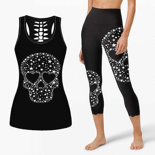 

21Grams Women's Yoga Suit Yoga Set 3D Set 2 Piece Skull Tank Top Capri Leggings Clothing Suit Black Dark Black Yoga Fitness Gym Workout Tummy Control Butt Lift Breathable Sleeveless Sport Activewear