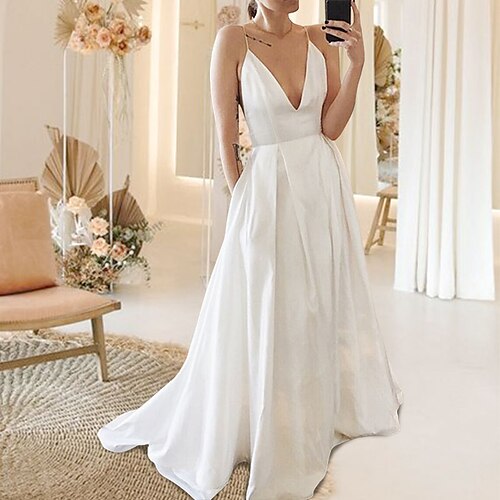

A-Line Wedding Dresses V Neck Spaghetti Strap Sweep / Brush Train Satin Sleeveless Simple Sexy Backless with Pleats Solid Color 2022
