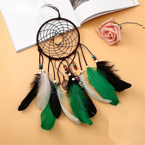 

Dream Catcher Handmade Gift with Single Ring Green Feather Wall Hanging Decor Art Wind Chimes Boho Style Car Hanging Home Pendant