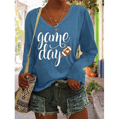 

Women's T shirt Tee Football Is My Favorite Season Football Daily Weekend Painting T shirt Tee Long Sleeve Print V Neck Basic Green White Black S
