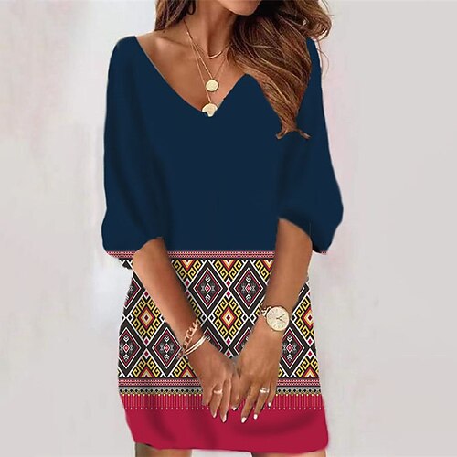 

Women's Casual Dress Bodycon Short Mini Dress Navy Blue 3/4 Length Sleeve Geometric Print Fall Winter V Neck Casual Vacation 2022 S M L XL XXL 3XL